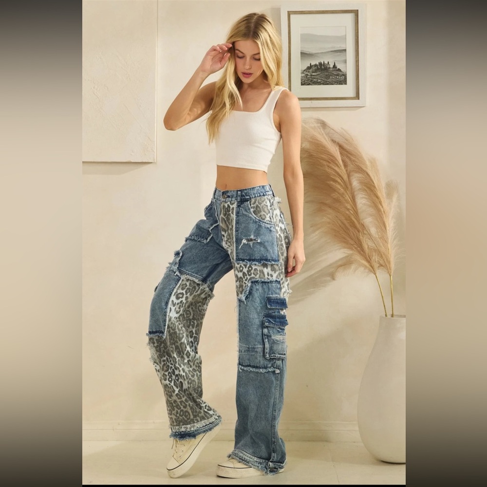 Patchwork Leopard Cargo Boyfriend Jeans - image 1